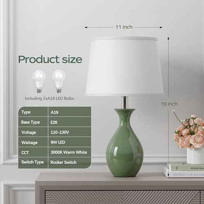 PARTPHONER Table Lamp Set of 2, Modern Ceramic Bedside Lamps for Night Stands, Classic Small Lamp Nightstand Lamp for Bedroom Living Room Desk End Table Rocker Swtich Sage Green