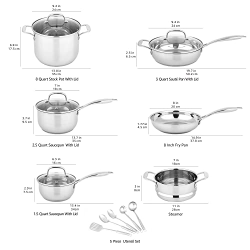 Amazon Basics Stainless Steel Cookware 15-Piece Set, Oven Safe, Pots and Pans, Induction-Ready, Even Heating, Easy to Clean, Heavy Duty, Silver