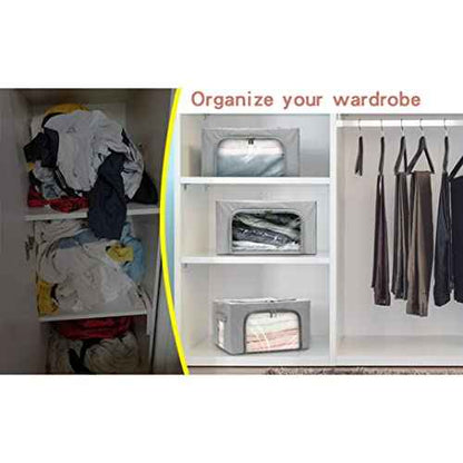 Stackable Clothes Storage Box for Clothing Gadgets,Steel Frame Storage Bins for Toys Gift,Foldable Oxford Fabric Closet Organizer Bag Set with Carry Handles Clear Window (Small- 22L x3 Pack, Grey)