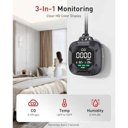 Portable Carbon Monoxide Detector Travel, Rechargeable 3-in-1 CO, Temperature & Humidity Meter, Custom Alarm Thresholds, 240h Standby, for Hotel Room, Camping, Outdoor Black
