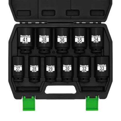 1/2" Drive Deep 6-Point Impact Socket Set, 11-Piece Deep Metric Spindle Axle Nut Impact Socket Set, Cr-Mo, 27mm - 41mm