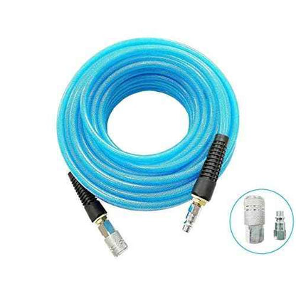 SANFU Polyurethane(PU) Reinforced 3/8¡±ID x 50ft Air Hose, Non-kinking with 3/8¡± Repaired Industrial Quick Coupler and Plug, Bend Restrictor, Transparent Blue(50¡¯)