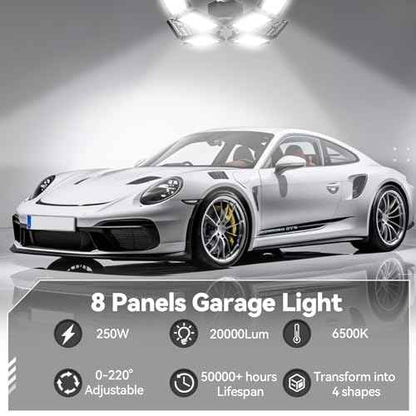 2 Pack Garage Light, 250W LED Shop Lights, 20000LM 6500K Garage Lights Ceiling Led with 8 Deformable Panels, Screw in E26/E27 Socket Bulb for Warehouse, Workshop, Basement, Barn, Storage Lighting