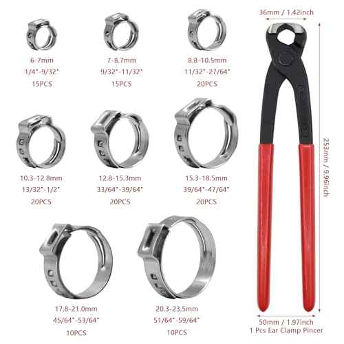 130pcs Heavy Duty PEX clamp Assortment Kit with Pliers, Stainless Steel Single Ear Hose Clamps 1/4"- 0.92"(6-23.5mm), PEX Cinch Crimp Rings Pinch Clamps for Water Pipe, Plumbing and Automotive Use