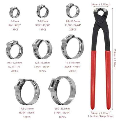 130pcs Heavy Duty PEX clamp Assortment Kit with Pliers, Stainless Steel Single Ear Hose Clamps 1/4"- 0.92"(6-23.5mm), PEX Cinch Crimp Rings Pinch Clamps for Water Pipe, Plumbing and Automotive Use
