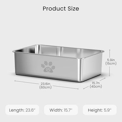 PWTAA Stainless Steel Cat Litter Box High Side Cats Toilet Metal Kitten Litter Pan, Pet Cleaning Tool for Big and Small Cats, Rabbits, Splash-Proof and Non-Stick Cat Poop Box odorless 23.6"x15.7"x5.9"