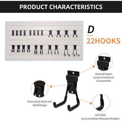 Slatwall Accessories 22 PCS Heavy Duty Garage Hooks Slatwall Panel Hooks Slat Wall Hanging Hook for Bike Ladder Garage Storage System Accessory Multi Size Utility