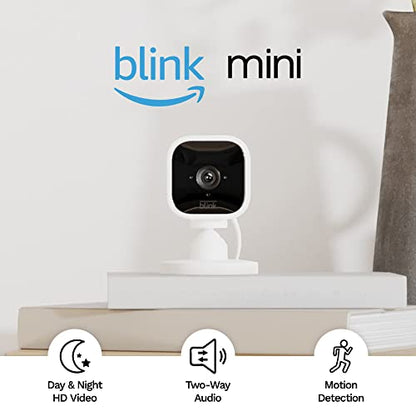 Blink Mini - Compact indoor plug-in smart security camera, 1080p HD video, night vision, motion detection, two-way audio, easy set up, Works with Alexa – 2 cameras (Black)
