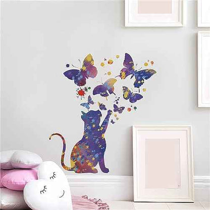 Fantasy Starry Sky Cat Butterfly Wall Stickers,sacinora Cartoon Kitten Animal Wall Decals Removable Vinyl Peel and Stick for Living Room Nursery Children's Room Bedroom Art Decorations