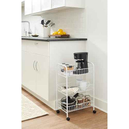 Rubbermaid 3-Tier Shelving Wheeled Organizer, Wire Adjustable Metal Storage Cart, for Office/Kitchen/Bedroom/Laundry Home Use, White