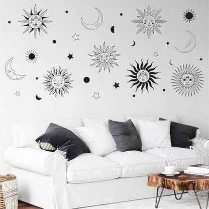 Gothic Sun Moon Star Wall Stickers, sacinora Human Face Crescent Wall Decals Removable Vinyl Peel and Stick for Living Room Bedroom Boho Ethnic Home Decorations