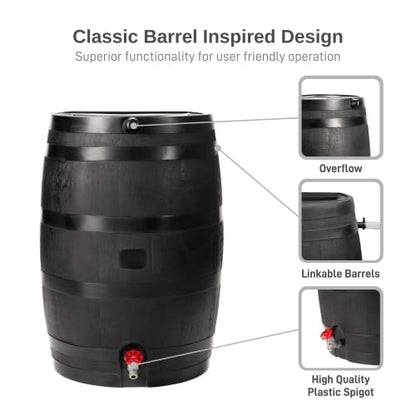 RTS Home Accents 50-Gallon ECO Rain Barrel Made with 100% Recycled Plastic, Flat Back Rain Water Collection Barrel, Stand and Link Kit Included, Black (2 Pack)