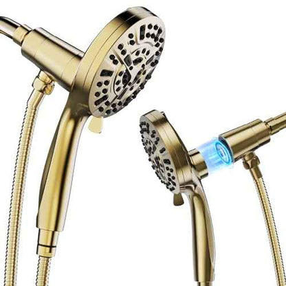 High Pressure 10 Ways Handheld Shower Head Brushed Gold- Anti-clog Nozzles, Built-in Power Wash to Clean Tub, Wall & Overhead Brackets,Magnetitc Rainfall Shower Wand,Built-in 2 Power Jet