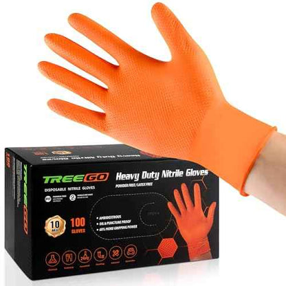 TREEGO 10 Mil Orange Nitrile Gloves Large ? Heavy Duty Disposable Latex & Powder Free, Chemical Resistant, Diamond Grip for Industrial, Automotive, Cleaning ? 100 Count