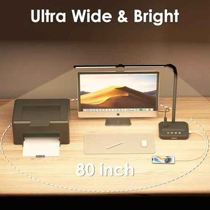 Adjustable LED Desk Lamp for Home Office | Integrated Power Hub with 2 Wide-Spaced AC Outlets, USB-C & USB-A Charging Ports | Anti-Glare Light, Foldable Design & Surge Protection
