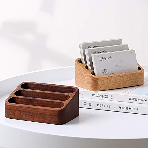 Sizikato Wooden Business Card Holder for Desk, 3 Card Slots Business Card Display Holder Stand