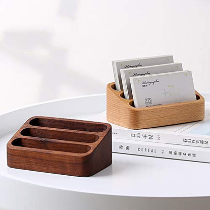 Sizikato Wooden Business Card Holder for Desk, 3 Card Slots Business Card Display Holder Stand
