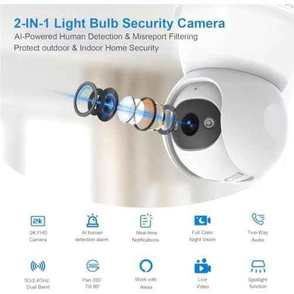 Light Bulb Security Camera, 5G/2.4GHz WiFi Lightbulb Cameras Outdoor for Home Security,2-IN-1 Bulb Security Camera with LED Light E27 Compatible, Smart AI Human Detection,Color Night Vision (1Pack)