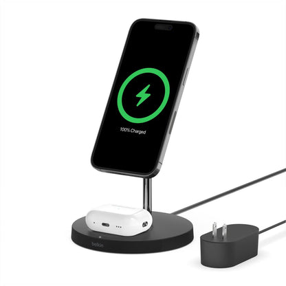 Belkin 2-in-1 MagSafe Wireless Charging Dock 15W Fast Charge iPhone Charger Compatible with iPhone 17, 16, 15, and 14 Series, AirPods, Pixel 10, and Other MagSafe Enabled Devices, PSU Included - Black