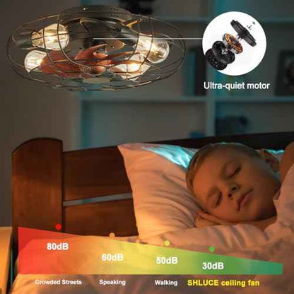 Small Caged Ceiling Fan with Light, Farmhouse Rustic Flush Mount Ceiling Fans with Lights and Remote, Bladeless Low Profile Enclosed Ceiling Fan with Light for Kitchen, Bedroom, Black