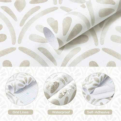 Hopepak Beige Wallpaper Peel and Stick Boho Geometric Sector Contact Paper Watercolor Removable Self-Adhesive Textured Wall Paper for Bedroom Cabinets 17.3"x78.7"