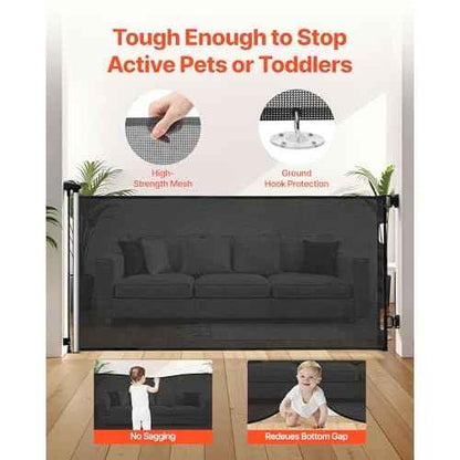 VEVOR Retractable Baby Gate, Extends to 72.8 inch Wide, 31.3 inch Tall, with Security Lock, Easy to Use, Walk Through Without Tripping, Mesh Dog Gate for Stairs, Hallways, Indoor/Outdoor, Black