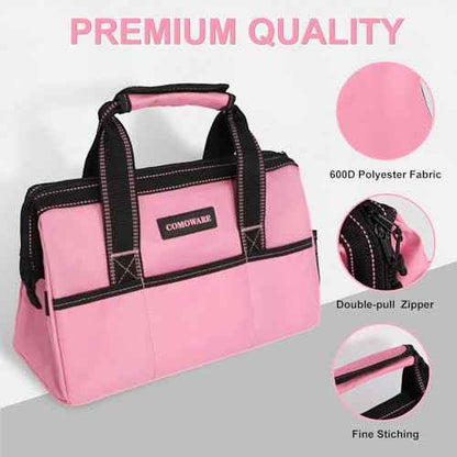 COMOWARE 13-Inch Tool Bag, Pink Soft Storage Bags with Inside Pockets, Wide Mouth Pink Tool Tote Bag