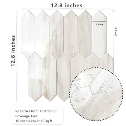 Vamos Tile Glossy Wood Marble Grain Backsplash Tile Peel and Stick, 12.8 x 12.8 Inch 10 Sheets Long Hexagon PVC Self Adhesive Mosaic Wall Tiles Stick on Backsplash for Kitchen and Bathroom