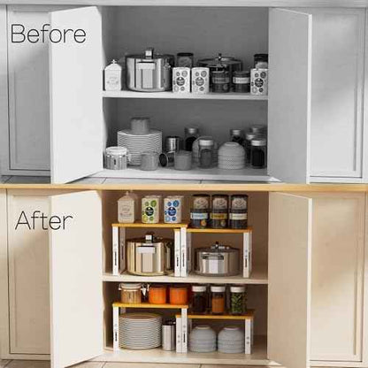 Adjustable Storage Shelves for Kitchen Cabinet Organization - Set of 2 Stackable Metal & Engineered Wood Racks, Space-Saving Design for Countertop/Pantry/Garage, Easy Assembly(2 Packs/Large/White)