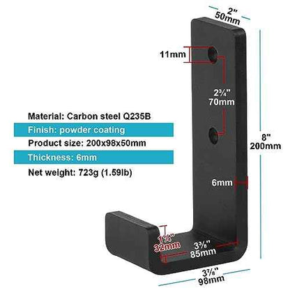 2 Pack 8" Black Steel J Hook, Extra Heavy Duty Wall Mount Utility Hook for Hanging, Garage, Load 330 lbs, 1/4" Thick