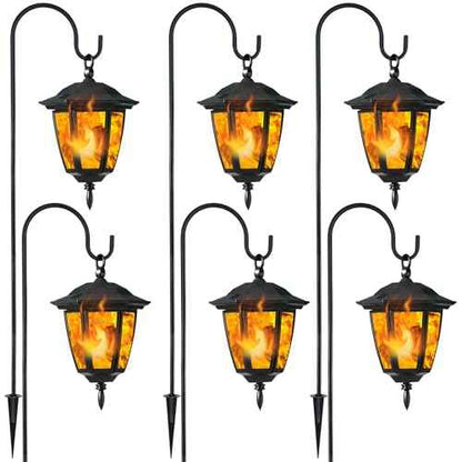 Dynaming 6 Pack Solar Flame Hanging Lights Outdoor, Halloween Solar Flickering Flame LED Garden Lanterns with 6 x 38 Inch Shepherd Hooks, Christmas Lighting for Lawn Patio Yard Pathway Driveway