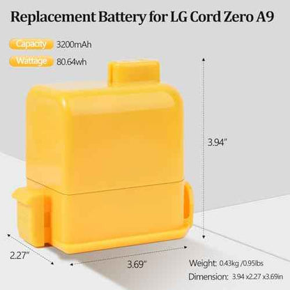 3200mAh Replacement for Lg Cord Zero Battery, Lg Vacuum Battery Replacement Compatible with LG CordZero A9, A9K-CORE, A9MAX, A9T-Ultra, A9S, A9K PRO, A9N, A9M, A9MULTI, A958, A958SA, A9 Plus Vacuums