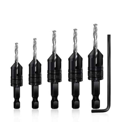 Countersink Drill Bit Set 5 pc,3in1 Woodworking Counterbore Hole Drill Bits,Tapered Countersink Bit,Depth Adjustable M2 Pilot Drill Bits, 82-Degree Chamfer, 1/4¡±Hex Shank