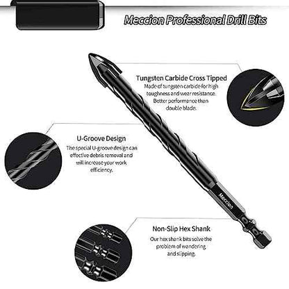 Meccion Masonry Drill Bits 1/8" x 3.6" x 5Pcs Professional Tungsten Cross Tip Multi-Material Drill Bits for Tile/Ceramic/Glass/Porcelain/Concrete/Cement/Wood/Plastic