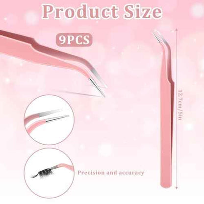 9 Pcs Precision Tweezers, Stainless Steel Craft Tweezers for Crafting, Curved Tweezer Multipurpose Pointed Long Tweezer for Crafting DIY Bead Jewelry Making, Scrapbooking, Crafts, Nail Art (Pink)