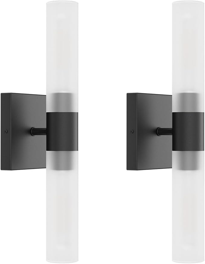 Black Wall Sconces Set of Two,15.7in Dimmable Hardwired LED Sconce Lighting Modern Indoor Vanity Sconce with Frosted Glass Shade for Bathroom Hallway(Bulbs Included)