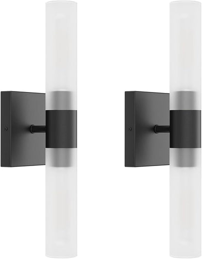 Black Wall Sconces Set of Two,15.7in Dimmable Hardwired LED Sconce Lighting Modern Indoor Vanity Sconce with Frosted Glass Shade for Bathroom Hallway(Bulbs Included)
