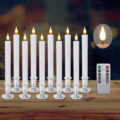 LED Flameless Window Candles with Remote Timer Sliver Base 10 PCS Battery Operated Flickering Taper Candle Lights with Removable Candle Holders Best Gift for Xmas Wedding Home Dinner D?cor