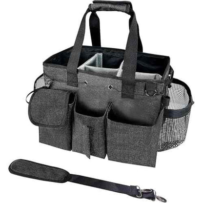 Large Cleaning Caddy Bag, Wearable Cleaning Supplies Organizer with Shoulder and Waist Straps, Multiple Compartments Organizer Tote with Detachable Divider for Cleaners (Black)
