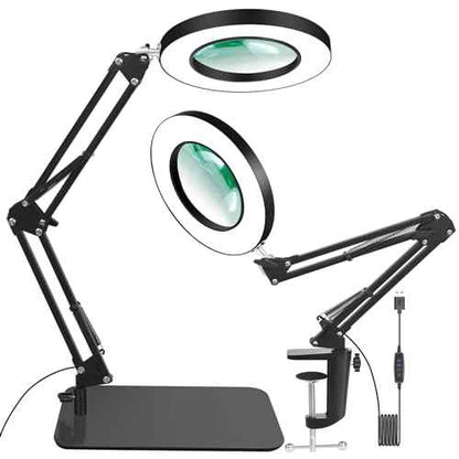 Lighted Magnifying Glass with Light and Stand, 12X Magnifier with Light Hands Free, 5 Color Modes LED Work Lighted, 2-in-1 Magnifying Lamp for Reading Craft Hobby Painting Sewing Close Work
