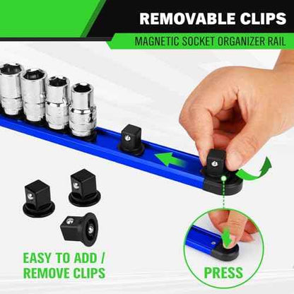 4-Piece Magnetic Socket Organizer Kit, 1/4'' 3/8'' 1/2'' Heavy Duty Socket Holder Holds 40 Clips, Aluminum Sockets Rail for Tool Box Drawer with 1/4'' Slidable Drill Bit Organizer Holds 40 Bits