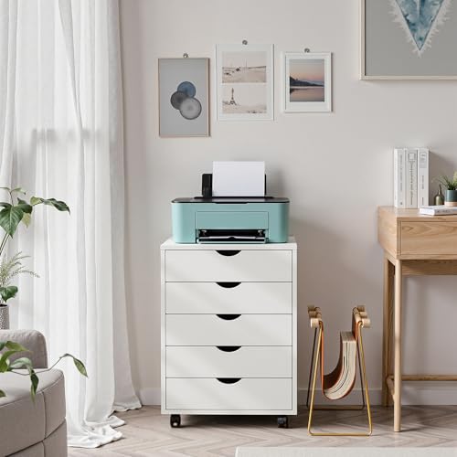 OLIXIS 5 Drawer Mobile File Cabinet Under Desk Storage Organization with Wheels Vertical Filing Chest Rolling Wood Small Desk Printer Stand for Home Office, 15.75"D x 18.74"W x 25.39"H, White