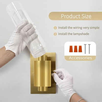 21" Gold Wall Sconces Set of Two, 2-Light Bathroom Sconces Vanity Light Tube Sconce, Clear Glass Indoor Hardwired Mounted Wall Lighting for Living Room,Bedroom,Hallway-Gold Clear (Bulb Not Included)