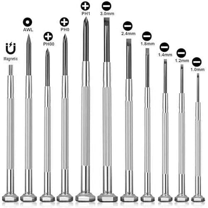 Precision Screwdriver Set, 11 Pieces, Mini Flathead and Phillips, for Glasses, Watches, Electronics Repair