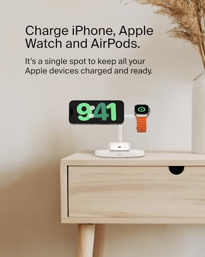 Belkin MagSafe-Compatible Charger, 3-in-1 Wireless Charging Station, Qi2-Certified 15W Wireless Charge for Apple iPhone 17 Series, Apple Watch, AirPods w/Non-Slip Base, 40W Included - Black