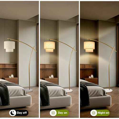 Lightdot Arc Floor Lamp for Living Room, Modern Standing Tall Lamps with Double Linen Lampshade, Tall Hanging Pole Lamp with Stable Metal Base & Foot Switch for Bedroom Home Office-Gold