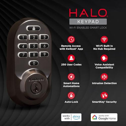 Kwikset Halo Wi-Fi Smart Lock, Keyless Entry Door Deadbolt, Geofence Auto-Unlock, Grade AAA Certified, No Hub Easy Install, Satin Nickel Lifetime Finish Warranty, Backlit Keypad
