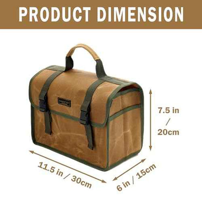 Tool Bag, Heavy Duty 16oz Waxed Canvas Tool Carrier, Multi-Purpose Tote Bag with 1 Large Capacity & 2 Side Pockets, Portable Tool Storage for Wrenches Chisels Scissors Hammer - Khaki
