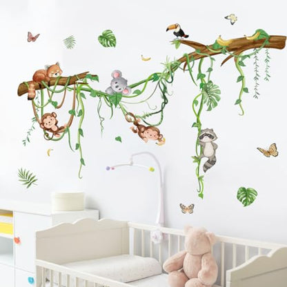 Runtoo Forest Animals Wall Decals Monkey Koala Tree Branch Wall Stickers Nursery Kids Room Classroom Wall Decor