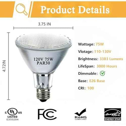 Par30 Halogen Flood Light Bulbs120V 75W, Halogen Long Neck Bulb, 2700K Warm White Dimmable High Brightness, Great for Accent Lighting, Tracking, Recessed Bulb